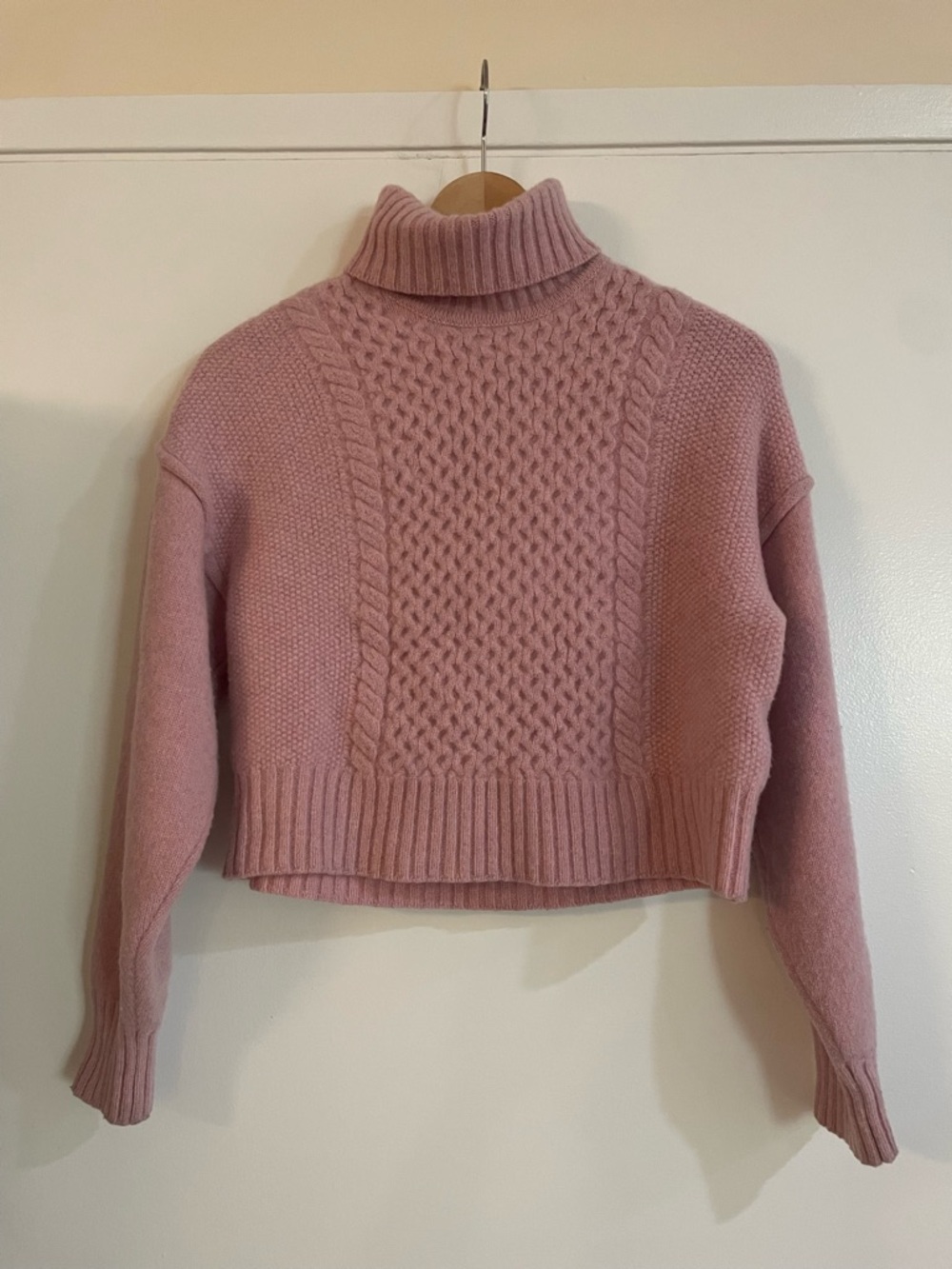ATM Anthony Thomas Melillo Dusty Rose Cable Knit Turtleneck Sweater in 100% Wool